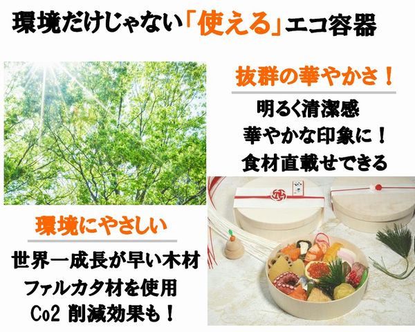 寿司・和惣菜向け｜丸型 木製エコウッド容器｜ナチュラル素材｜食品対応｜143mm｜本体 FLR-145B