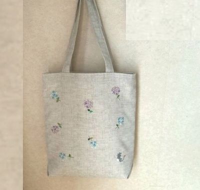 あじさいと猫の刺繍ハンドメイドバッグ AJT-1 | 竹の皮、木、紙
