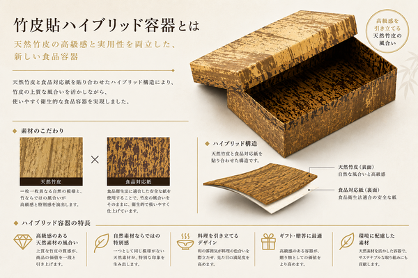 竹皮貼 ハイブリッド容器 裏黒｜加工品・特産品ギフト・弁当・そば用｜20個パック MXH-210H-BK