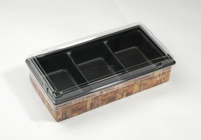 物販・催事用｜和風柄 折箱 紙容器｜蓋 三つ仕切 トレー付 50枚パック ワンプラ折 TAPO-20-10-3BK