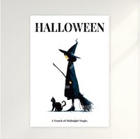 ハロウィンHALLOWEEN「可愛い魔女と黒猫のイラスト」ポップ・ポスター・アートパネル