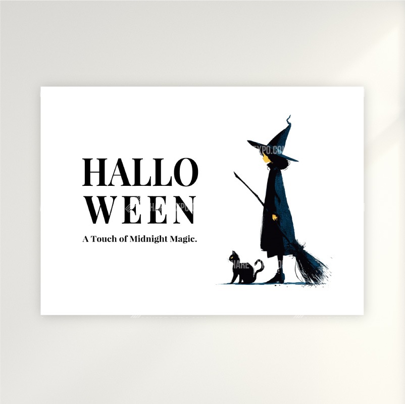 ハロウィンHALLOWEEN「可愛い魔女と黒猫のイラスト」ポップ・ポスター・アートパネル