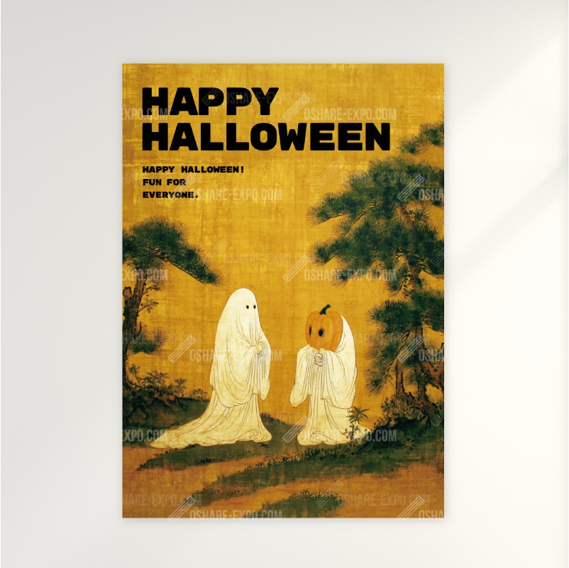 ハロウィンHALLOWEEN「日本画風 松とゴーストの幽玄美」ポップ・ポスター・アートパネル