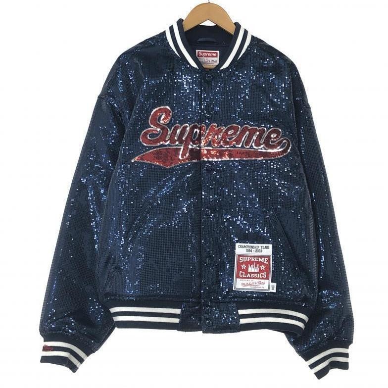 中古】Supreme × Mitchell＆Ness Sequin Varsity JACKET L ネイビー