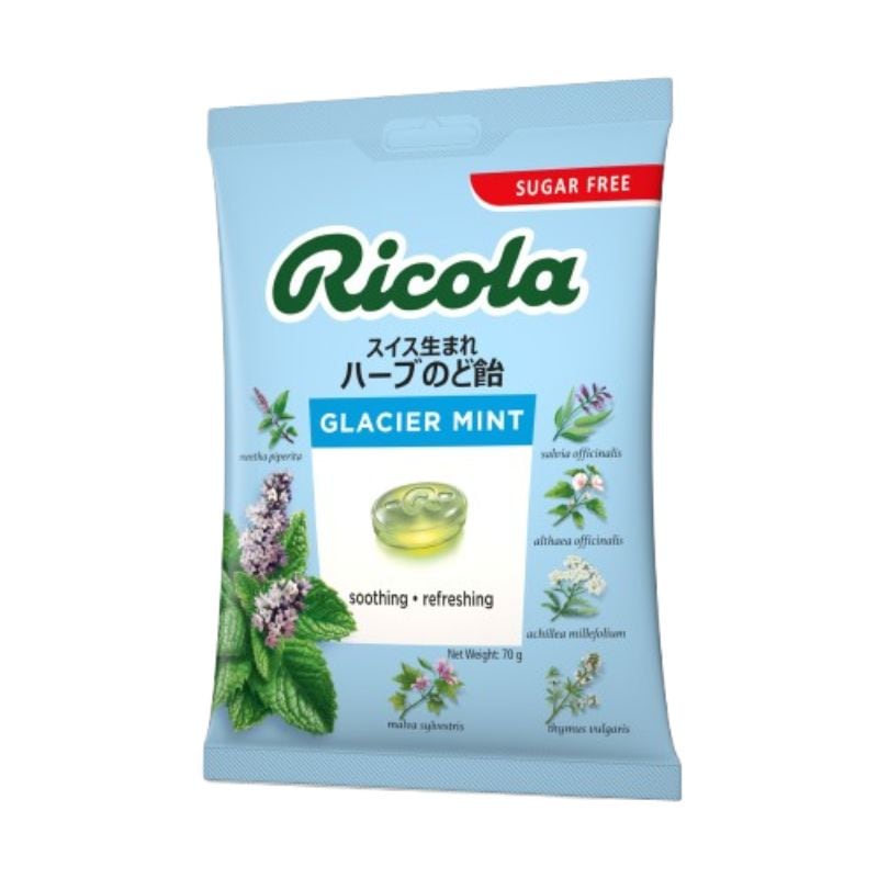 [3個]【訳あり】三菱食品 リコラ スイス生まれのハーブのど飴 グラッシャーミント シュガーフリー　70g　賞味期限2025.10.24【賞味期限間近】|お菓子|値下げ商品