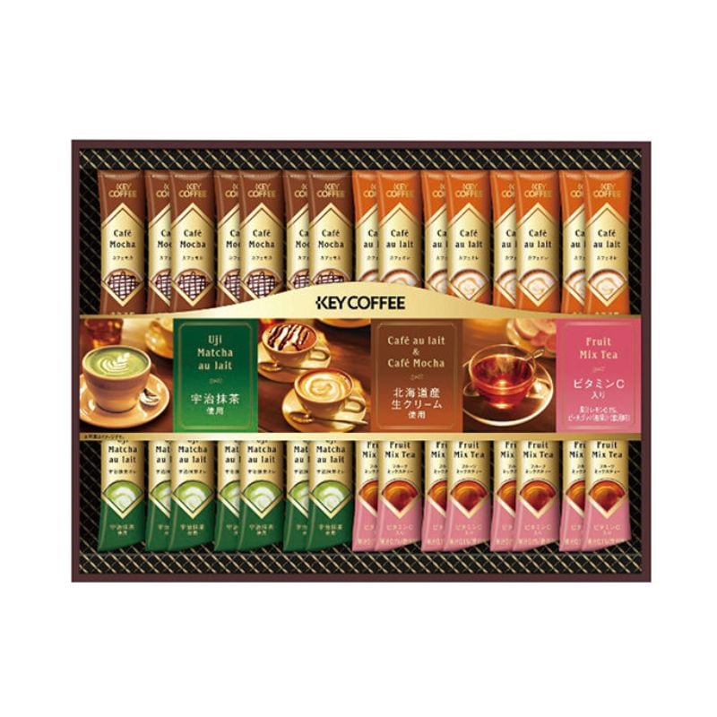 [1個]キーコーヒー インスタントスティック バラエティギフト　カフェオレ：7g×8本<br>
カフェモカ：7.8g×7本<br>
宇治抹茶オレ：12g×7本<br>
フルーツミックスティー：12g×8本　賞味期限2026.04.30