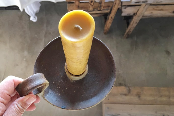 ［Brocante］フランス 陶器のキャンドルスタンド(持ち手付き)