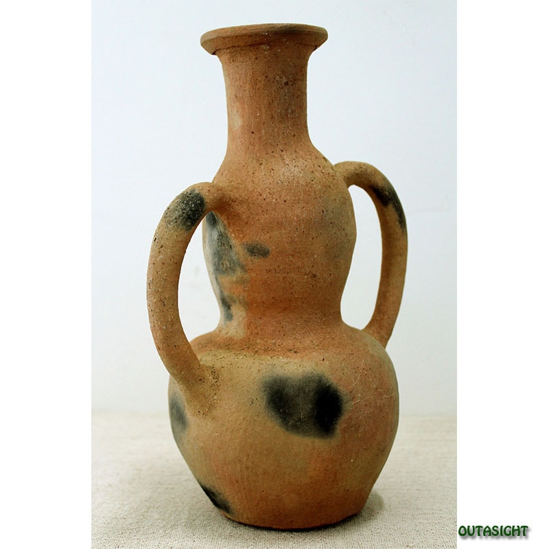 二つ口陶器花瓶 メキシコ土産抽象模様 二つ口陶器花瓶 メキシコ土産抽象模様