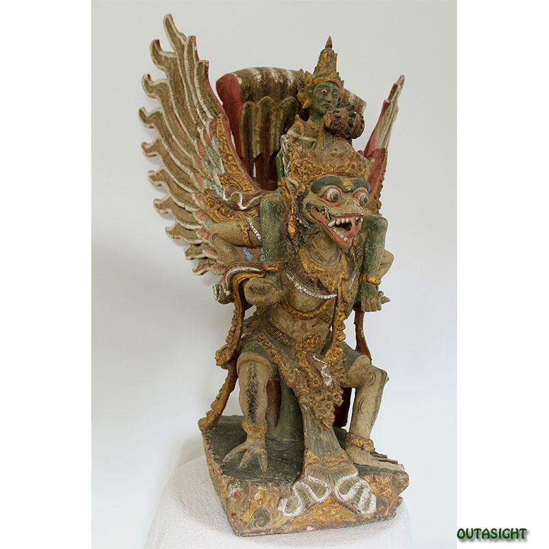 インドネシア、バリ島のアンティーク、有翼の獅子シンガ、木彫彩色