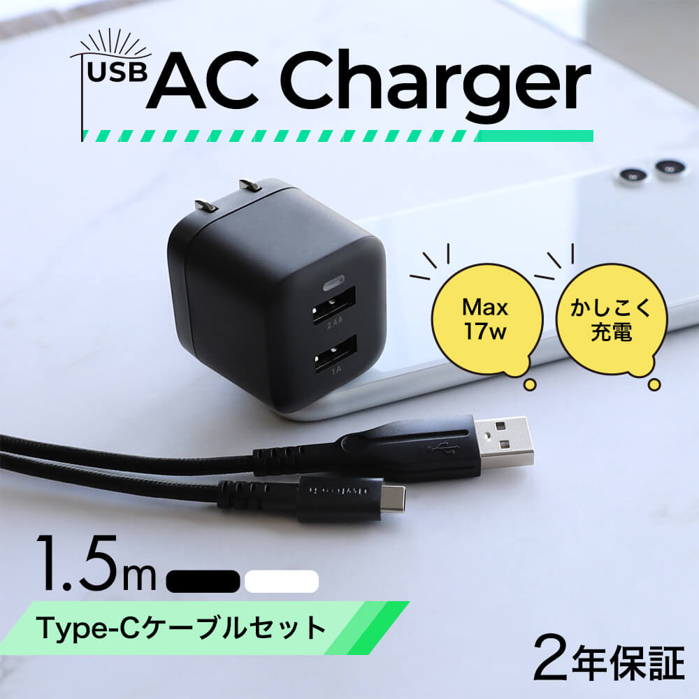 最大17W USB Type-A 2ポート AC充電器 超タフUSB Type-A to USB Type-C