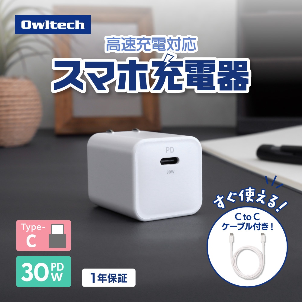 最大PD30W出力 GaN採用 USB Type-C×1 AC充電器 OWL-APD30C1GB | 充電器
