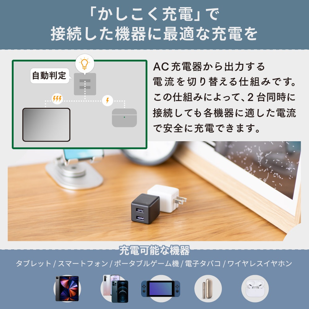 最大24W出力 USB Type-A×2ポート AC充電器 (OWL-AC24WA2)