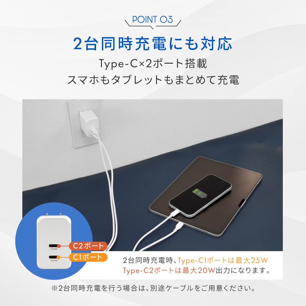 USB Type-C�����֥���° ����PD45W���� GaN���� USB Type-C��2 AC���Ŵ� OWL-AC4501-C15-WH