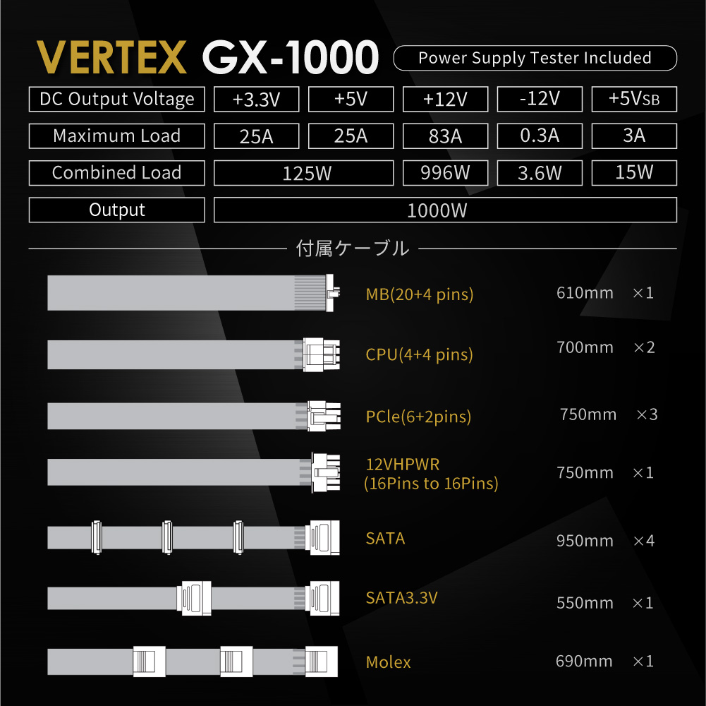 Seasonic製 80PLUS GOLD認証 ATX 3.0 対応 フルモジュラー ATX電源 VERTEXシリーズ 1000W (VERTEX-GX-1000)