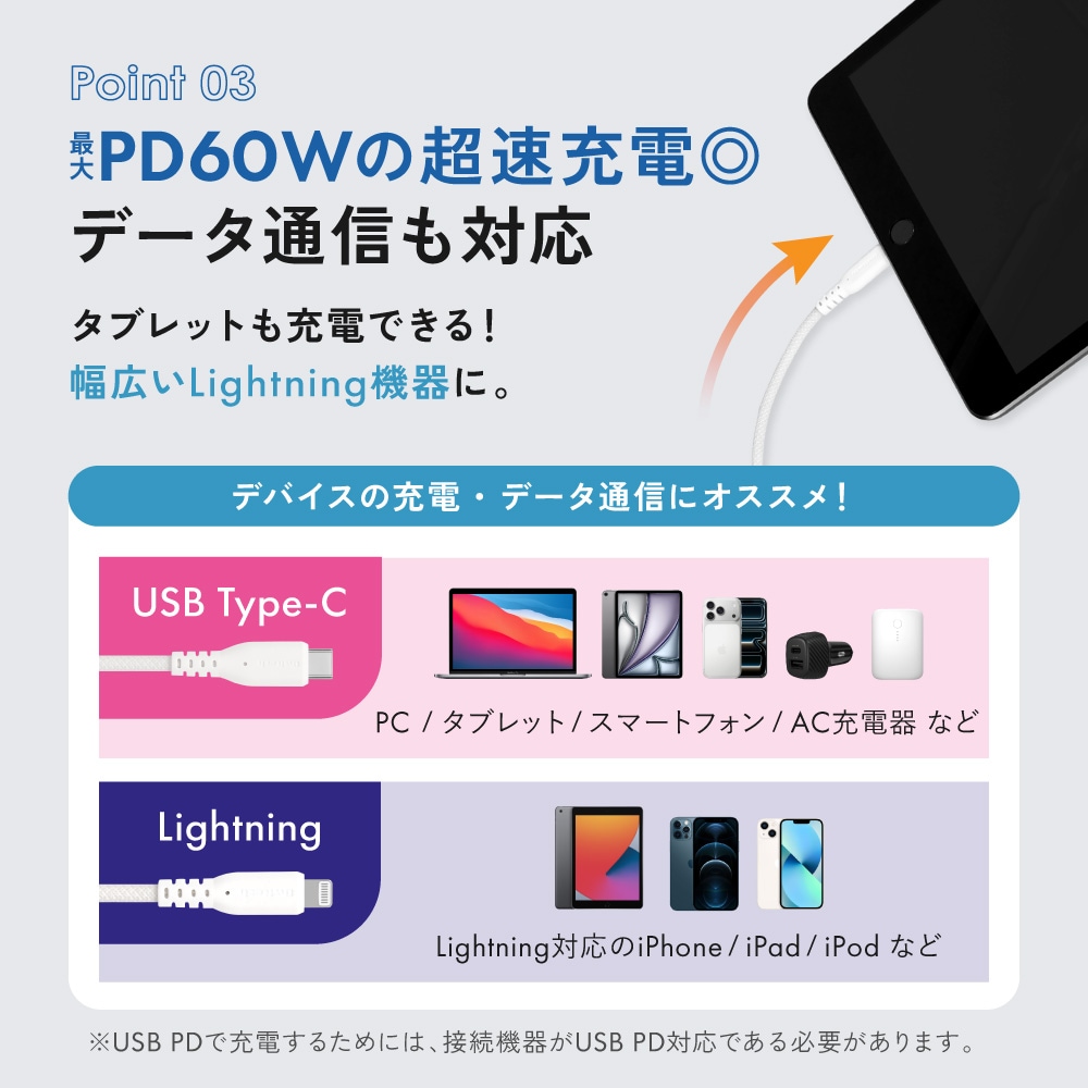 �Ѷ���12���� PD60W���š��ǡ���ž���б� USB Type-C to Lightning Ķ���ե����֥� OWL-CBA6CL���꡼��