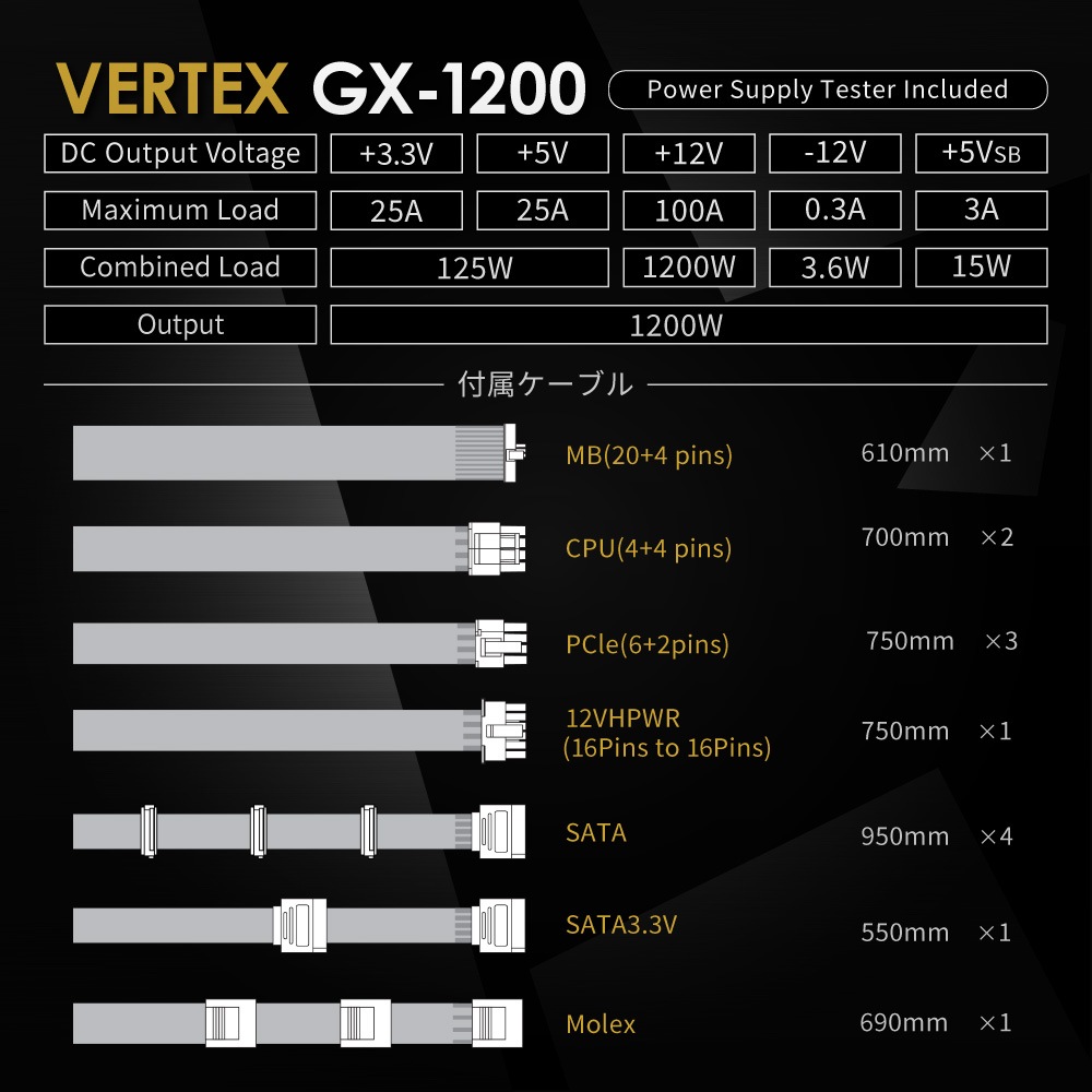 Seasonic製 80PLUS GOLD認証 ATX 3.0 対応 フルモジュラー ATX電源 VERTEXシリーズ 1200W (VERTEX-GX-1200)