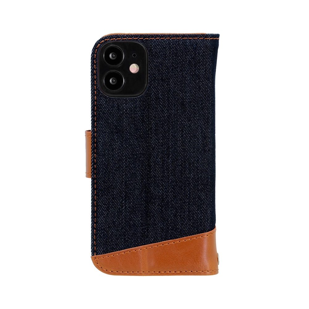 iPhone 12 mini (5.4インチ) 用 デニム×PUレザー 手帳型ケース インディゴブルー × キャメル(OWL-CVIC5412-IDCA)