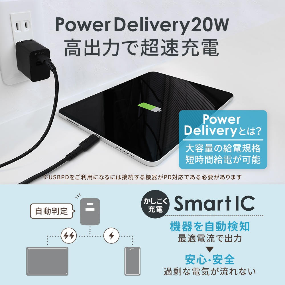 ����20W PD3.0 USB Type-C+A 2�ݡ��� AC���Ŵ� ���٥��󥵡���� Ķ����USB Type-C to C �����֥� ���å� 2m (OWL-APD20ACC20)