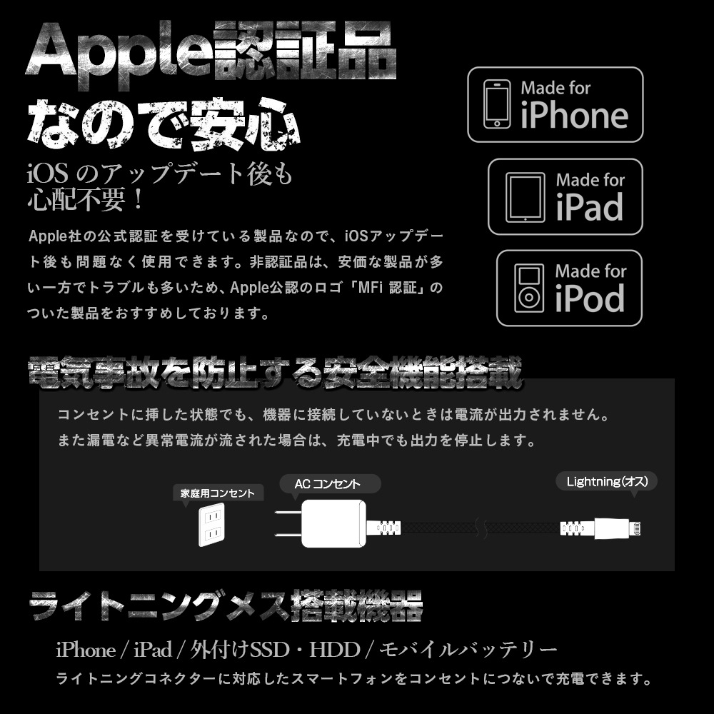 �ڥ����ȥ�åȡ۵�®�����б� Ķ���� ���ȥ��� �����֥� Lightning �饤�ȥ˥� �����֥� ���η�AC���Ŵ� 2m 200cm �֥�å� �ۥ磻�� ��åɡ�OWL-ACJKLT20��