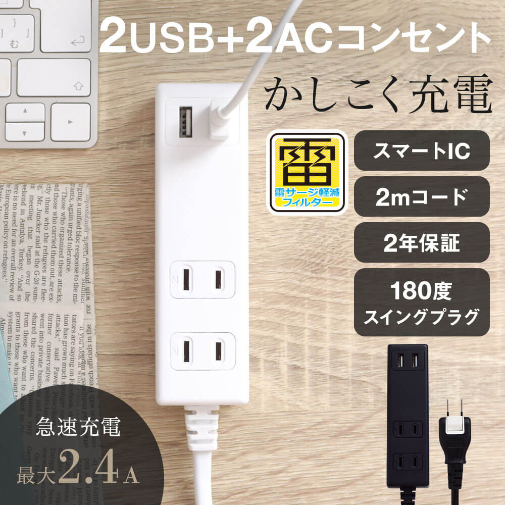 OAタップ スマートIC搭載 急速充電2.4A出力対応 USBポート付き 2m(OWL-OTA2U2S20)【まとめ買い対象】