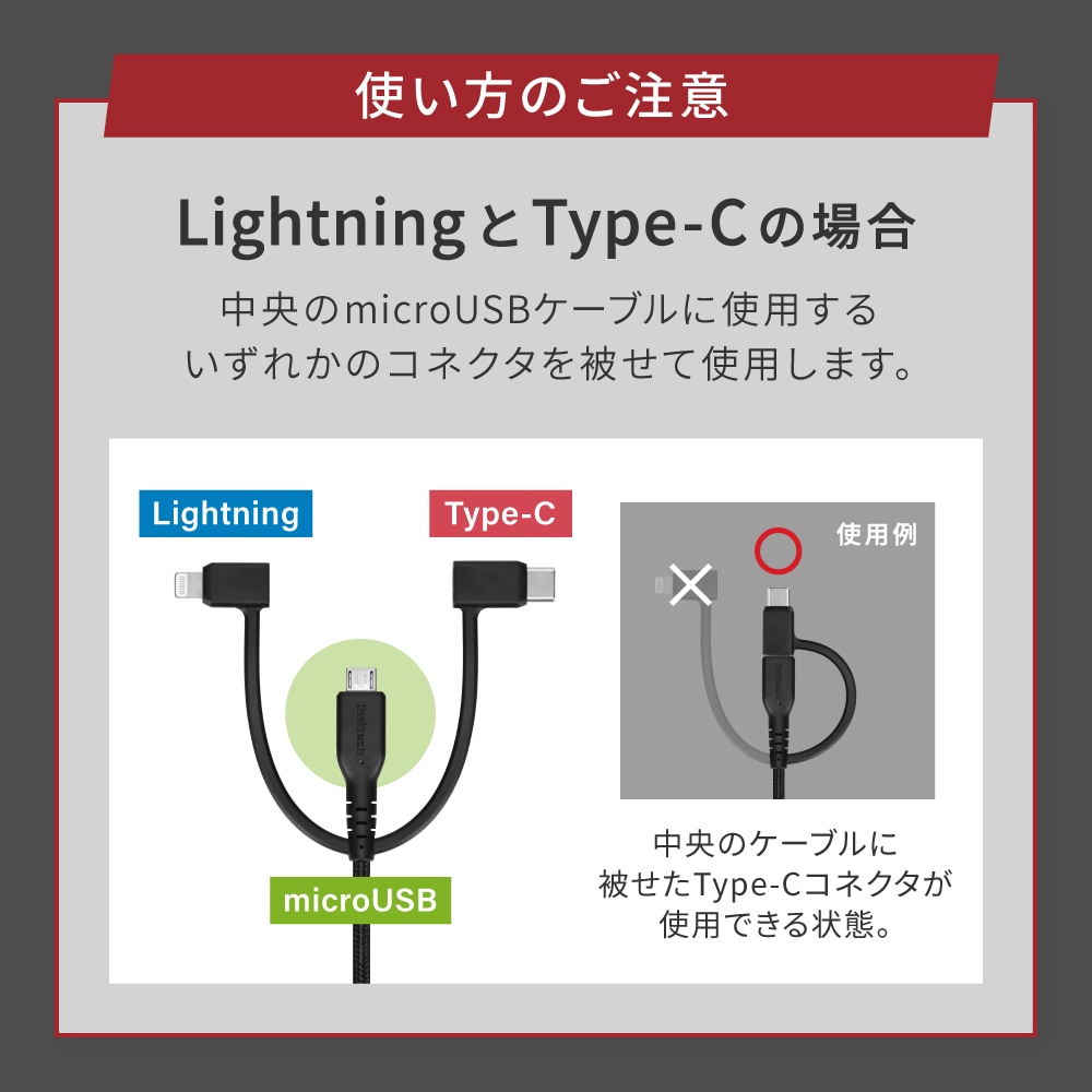 Lightning＋USB Type-C＋microUSB マルチコネクタータイプ 両引き巻