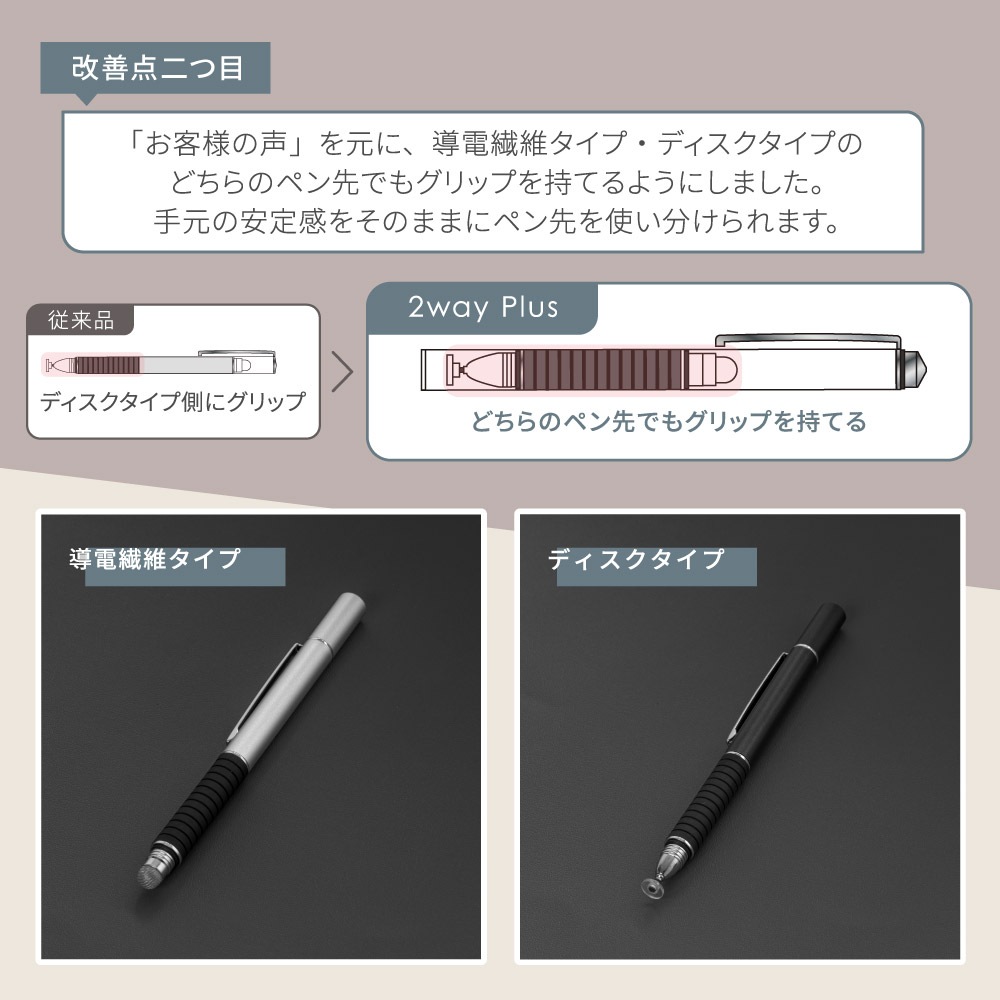 導電繊維/ディスク ペン先を使い分けられる 替え芯付 2WAY PLUS タッチペン (OWL-TPSE12)【まとめ買い対象】