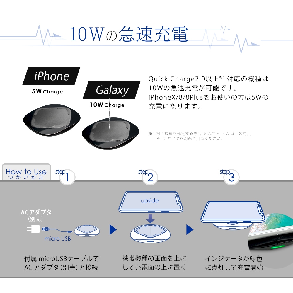 【アウトレット】スマホとiPhoneを置くだけで急速充電 Qi ワイヤレス充電器 QC2.0対応(OWL-QI10W02-BK)