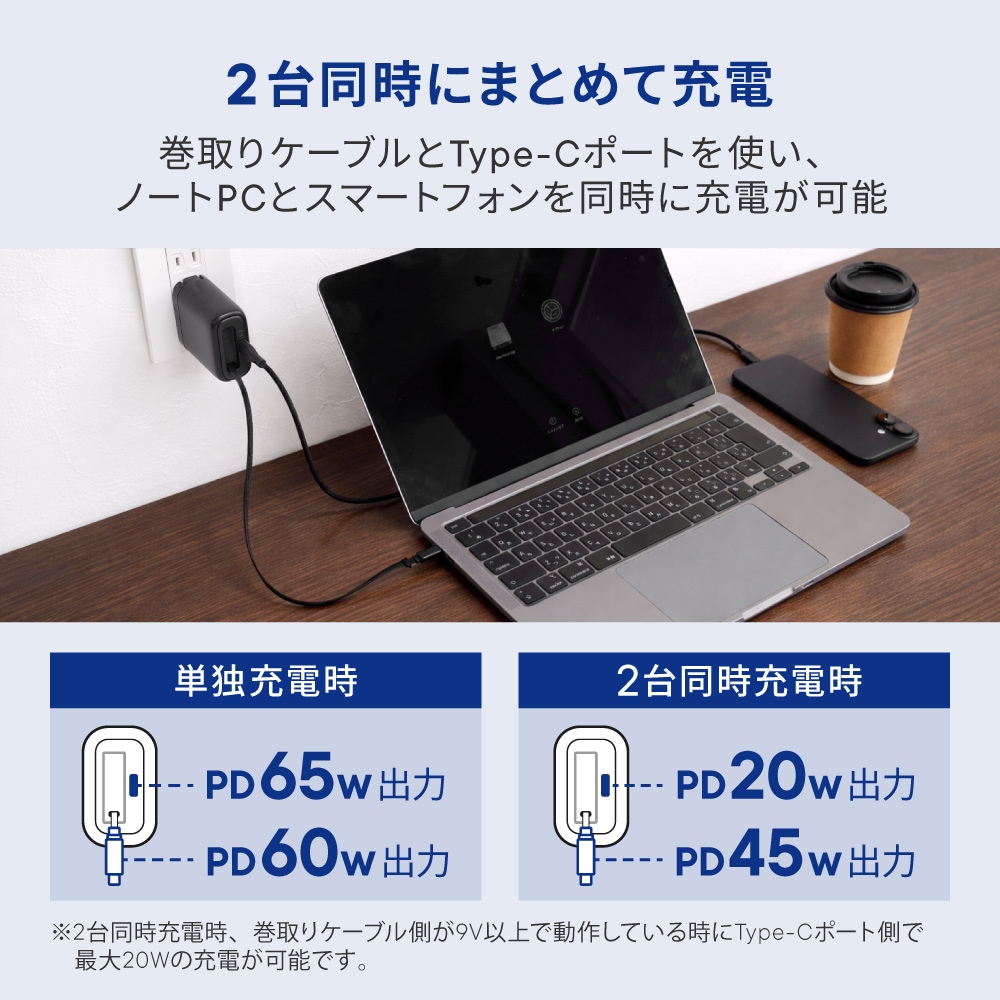 ����65W���� USB Type-C��1 USB Type-C����ꥱ���֥���¢ AC���Ŵ� OEC-APD65C2RG-BK