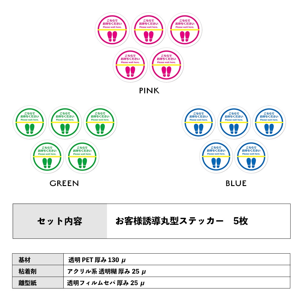 【受注生産】お客様誘導ステッカー5枚セット 丸型 (LE-FSTICKER-02)