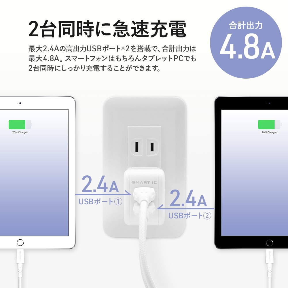 �ڥ����ȥ�åȡ�AC���Ŵ� ���4.8A(2.4A+2.4A)���� Smart IC���(OWL-ACU2F48S)