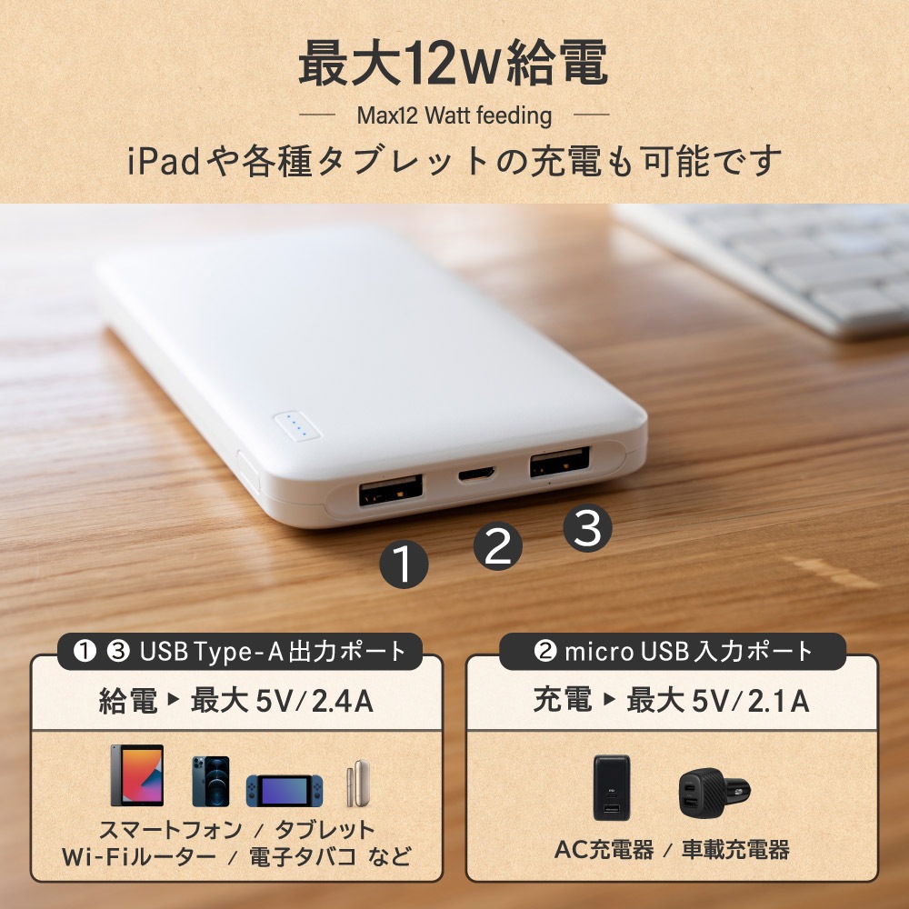 モバイルバッテリー 薄くて大容量10000mAh SmartIC搭載 PSE適合商品 防災(OWL-LPB10005)【まとめ買い対象】