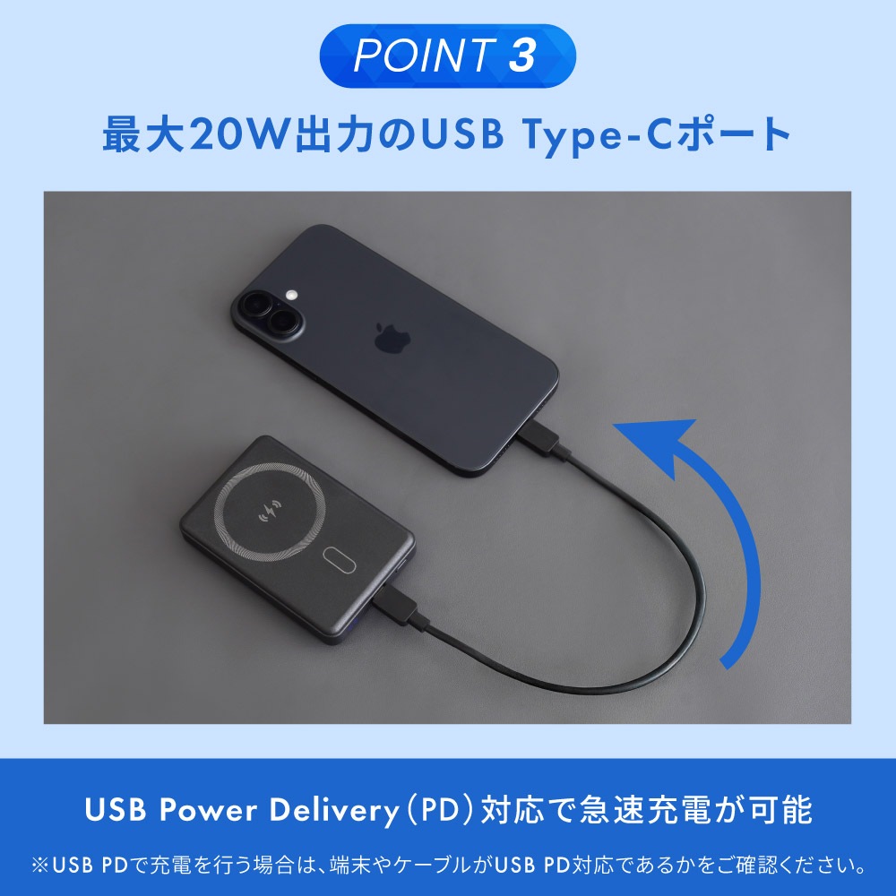 準固体電池採用 スマホリング搭載 5000mAh 最大PD20W対応 USB Type-C入