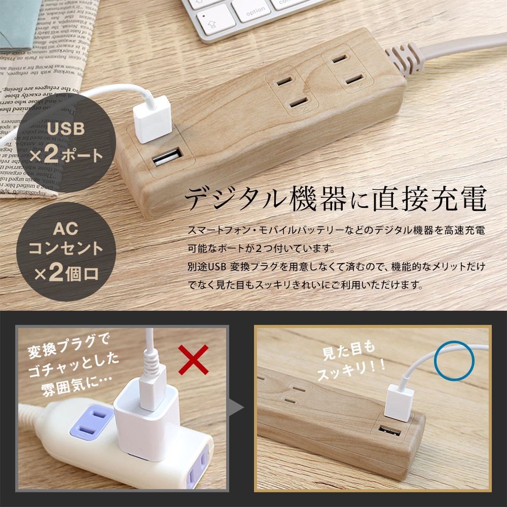 スマートICでかしこく充電 USB Type-A×2ポート付き 木目調 OAタップ 2m (OWL-OTA2U2S20-W)