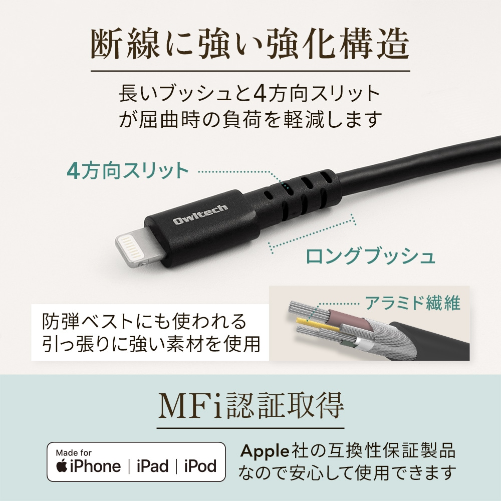 やわらかく断線に強い USB Type-A to Lightningケーブル 3m(OWL-CBKLT2SR30)
