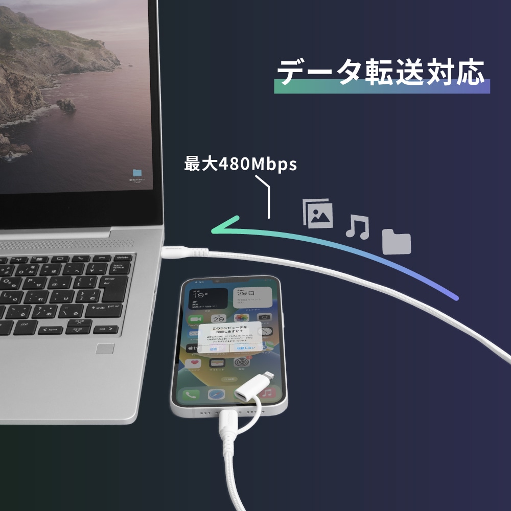 ���餫Ķ���դ������˶��� �Ѷ���10����ʾ� PD60W���š��ǡ���ž�� USB Type-C to Type-C��Lightning 2in1�����֥� OWL-CBNCCL