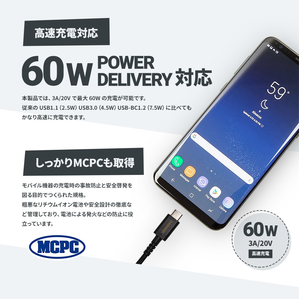 超タフUSB Type-C to Type-Cケーブル PowerDelivery対応 温度センサー搭載 MCPC認証 3m(OWL-CBSM2PKCC30)