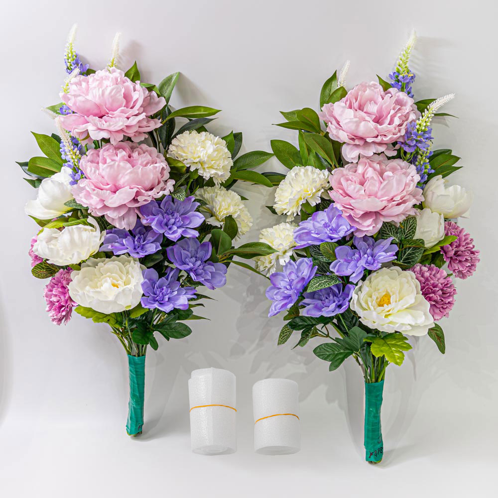 牡丹の花2本他花器、花追加 牡丹 ピオニー カーネーション しきみ(樒)付き造花 2束】固定具付き