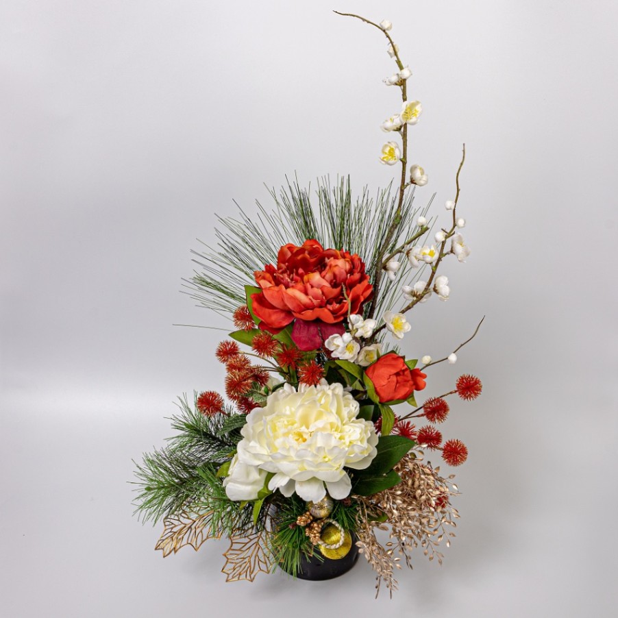 牡丹 梅 松 アレンジ造花 1個】花瓶付き 正月 造花 仏花 仏壇用 祭壇用