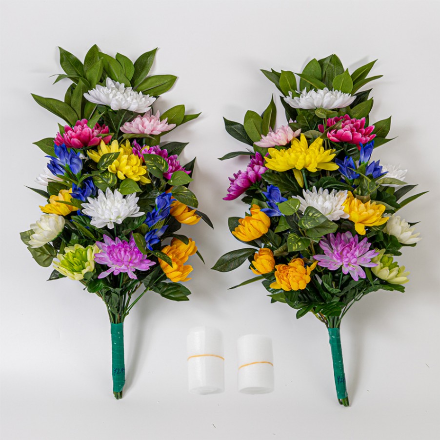 リンドウ 菊 ポトス しきみ(樒)付き 造花 2束】固定具付き 造花 仏花