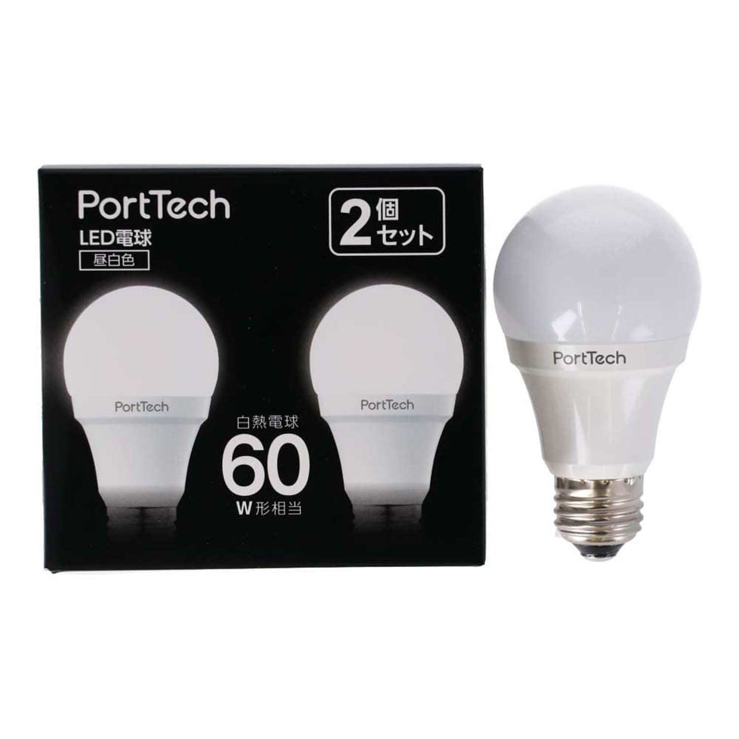 PortTech LED電球広配光60W相当 昼白色 2個セット PA60N26-2　直送