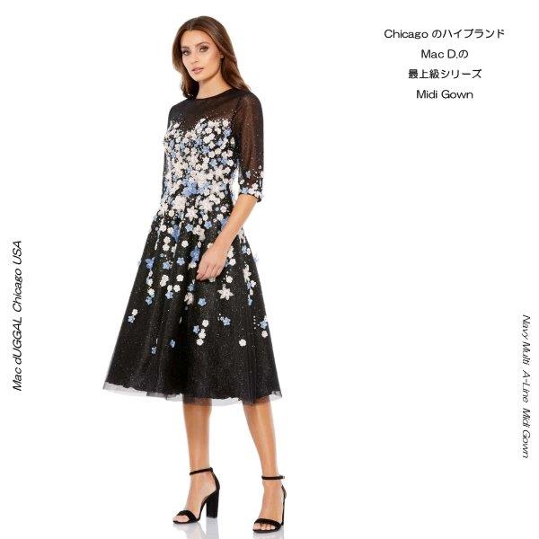 ue0111161 MAC DUGGAL ビジュエンブロイダリー ティーレングスドレス フラワーアップリケ ラインストーン ラグジュアリードレス コンクール ブラックマルチ 袖付きドレス Aラインドレス 演奏会用ドレス ピアノ演奏会