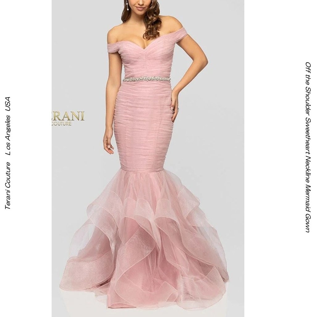 TERANI COUTURE P8366 ROSE｜ラメチュール輝くマーメイドドレス オフショルダー セミスイートハート イブニングガウン【レッドカーペット・演奏会・特別な夜に】