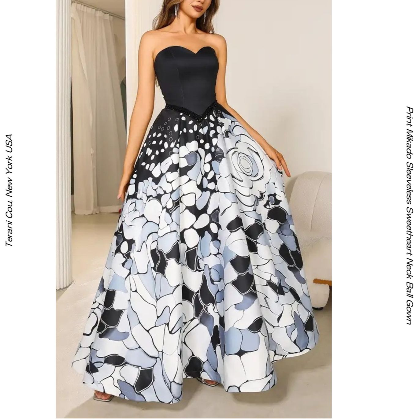 TERANI COUTURE UE02P4373 ブラック＆ホワイト 花柄ミカド ボールガウン｜演奏会ドレス・声楽・ピアノ・ステージ用ラグジュアリードレス