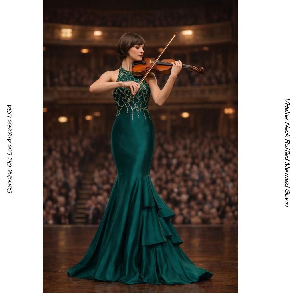 UW189910 ホルターネック ハンターグリーン マーメイドドレス フリルティアード（演奏会・コンクール・ピアノ発表会）インポートドレス