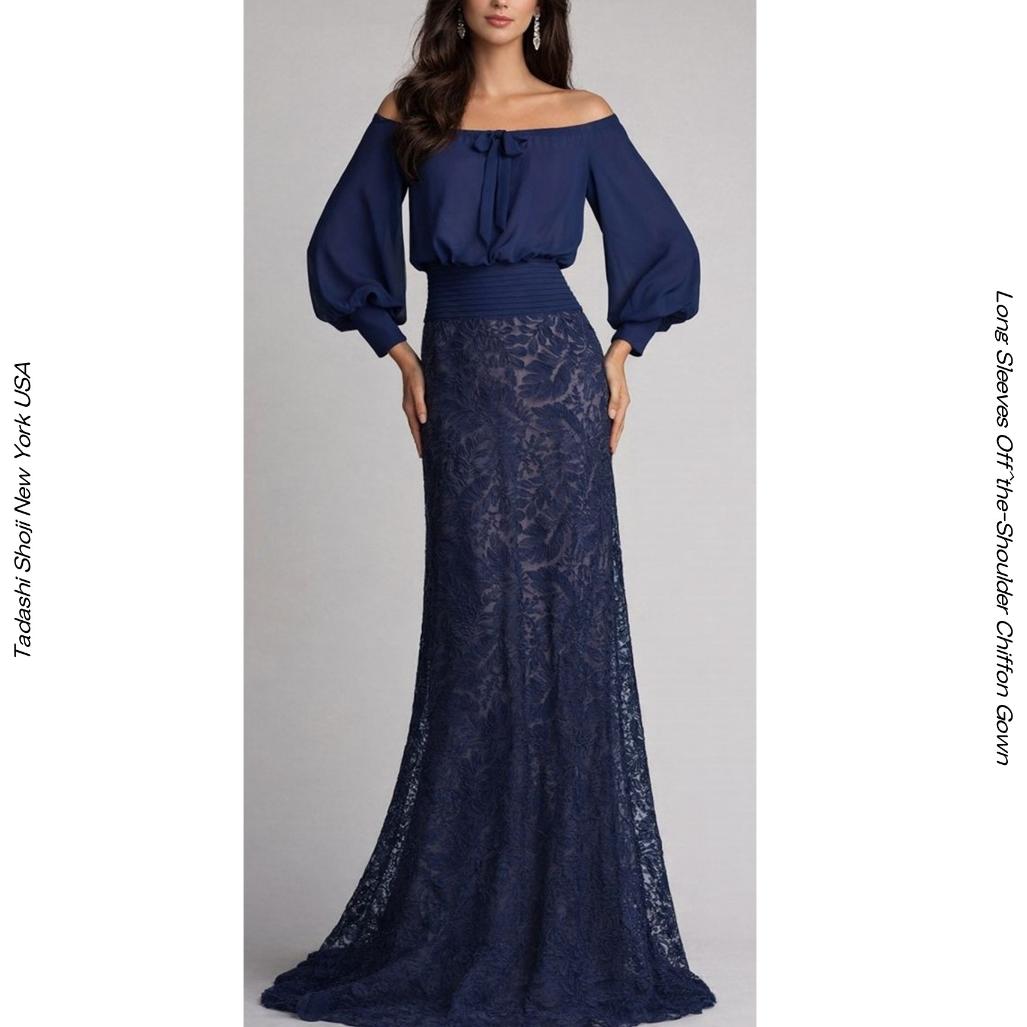 TDSCHU2541L TADASHI SHOJI ネイビー コードレース オフショルダー演奏会ドレス T10｜バルーン袖
