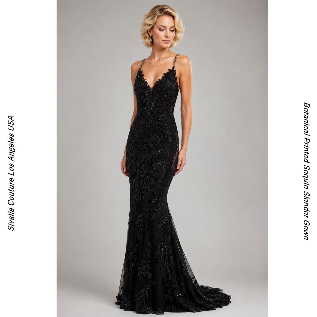 EU04F615BK SIVALIA COUTURE ブラック ボタニカルスパンコール トランペット演奏会ドレス T14 17号 19号 プラスサイズドレス黒