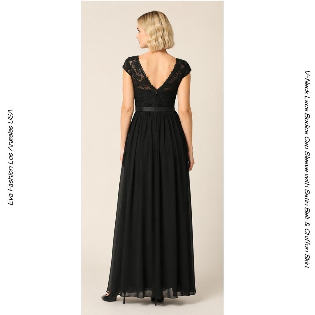 UW053161BK 【BLACK】キャップスリーブ エンブロイダリーレース ロングドレス 演奏会ドレス オーケストラドレス ピアノ伴奏ドレス 声楽ドレス
