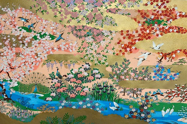 大きな絵画！◆友禅紙総柄／四季◆額装済 横103cm×縦71cm せせらぎに孔雀と鶴 友禅紙総柄 大 <br>せせらぎに孔雀と鶴 『四季』 桃色 14の通販サイト