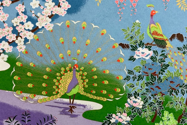 大きな絵画！◆友禅紙総柄／四季◆額装済 横103cm×縦71cm せせらぎに孔雀と鶴 友禅紙総柄 大 <br>せせらぎに孔雀と鶴 『四季』 桃色 14の通販サイト