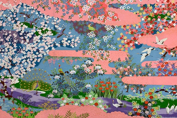 大きな絵画！◆友禅紙総柄／四季◆額装済 横103cm×縦71cm せせらぎに孔雀と鶴 友禅紙総柄 大 <br>せせらぎに孔雀と鶴 『四季』 桃色 14の通販サイト